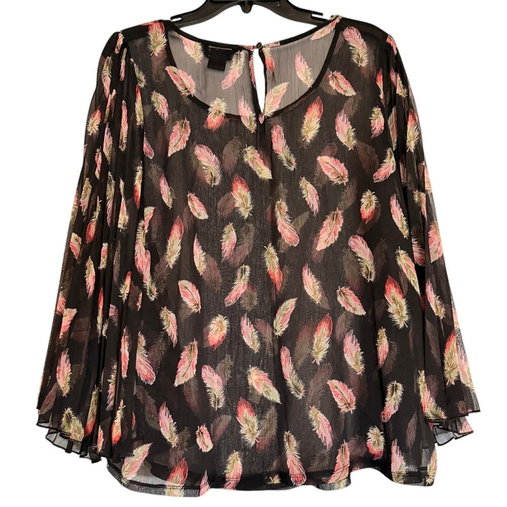 Ali Miles Medium Feather Print Sheer Blouse Pleated Bell Sleeve Boho Top